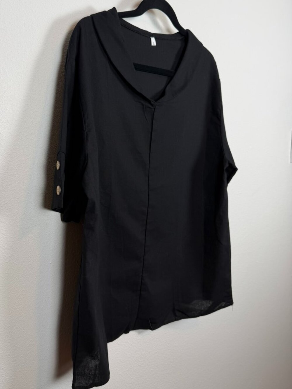 Black Cowl Neck Tunic Top Button Sleeve Size Large